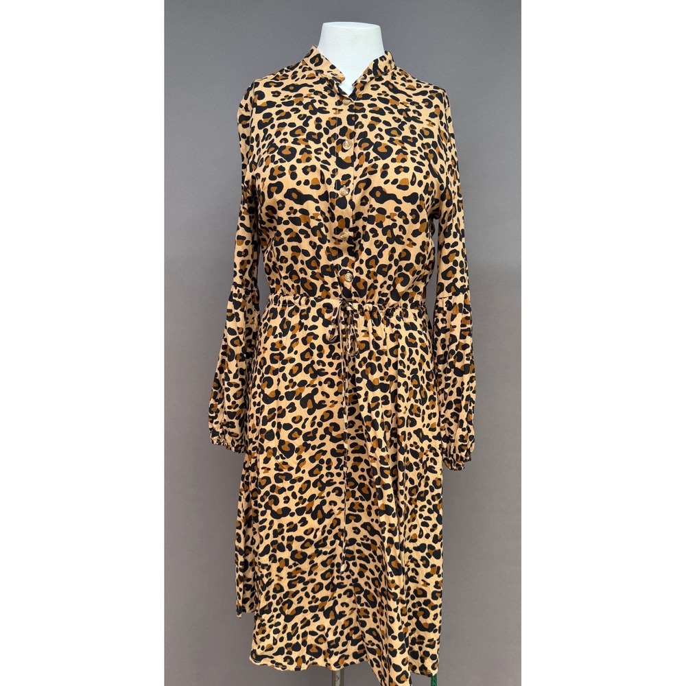 Kirundo Leopard Print Midi Dress Small Tan Black Button Front Drawstring Office